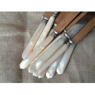 /Chanterellevintage Set of 10 antique french mother of pearl luncheon knives in box. Art deco small mother of pearl knives. Tea party flatware. Small knives