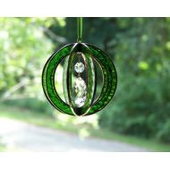 ChapmanStainedGlass Stained Glass suncatcher sphere-ball-orb with crystal prism green, Green Stained Glass Suncatcher, Green Prism
