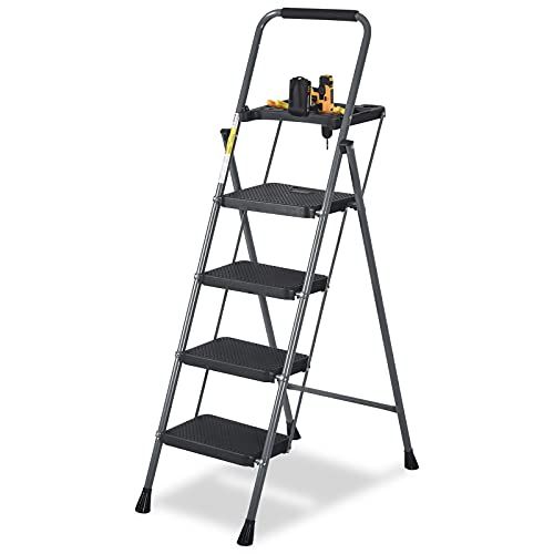  CharaVector 4 Step Ladder, Lightweight Folding Step Stool with Tool Platform and Convenient Handgrip Sturdy Wide Pedal for 330 lbs Capacity