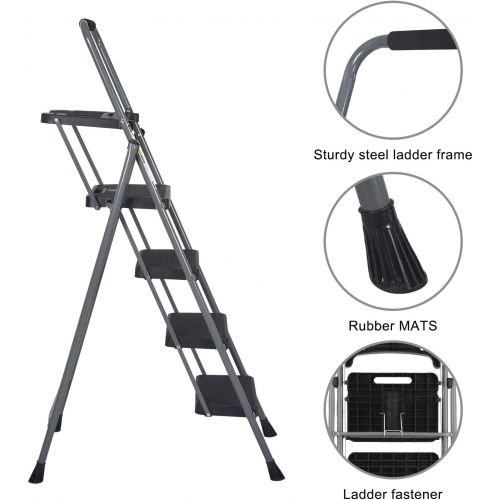  CharaVector 4 Step Ladder, Lightweight Folding Step Stool with Tool Platform and Convenient Handgrip Sturdy Wide Pedal for 330 lbs Capacity