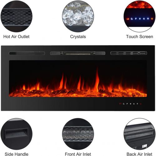  CharaVector Electric Fireplaces Recessed Wall Mounted Fireplace Insert 50 Inch Wide Heater LED Fire Place Remote Control & Touch Screen