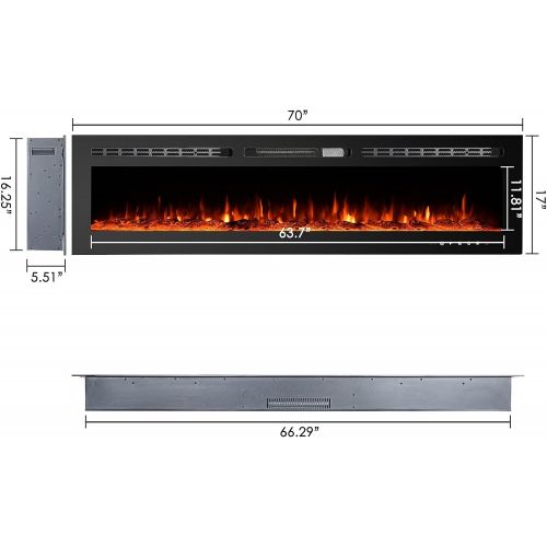  CharaVector Electric Fireplaces Recessed Wall Mounted Fireplace Insert 70 Inch Wide Heater LED Fire Place Remote Control & Touch Screen