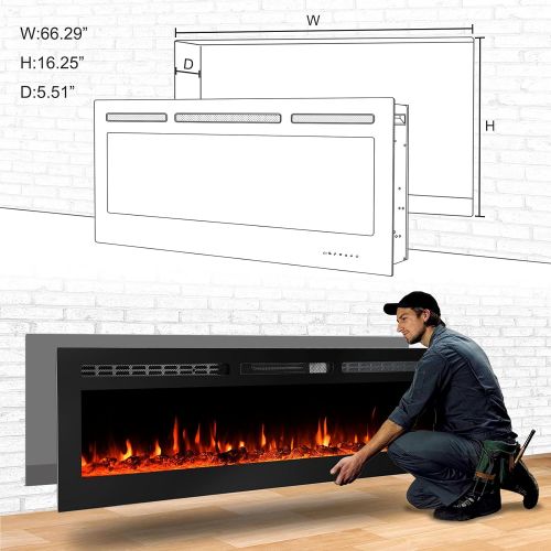  CharaVector Electric Fireplaces Recessed Wall Mounted Fireplace Insert 70 Inch Wide Heater LED Fire Place Remote Control & Touch Screen