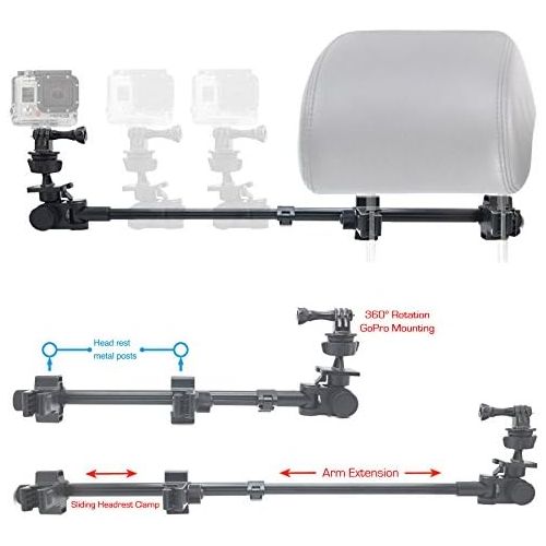  ChargerCity GoPro Fusion Session Hero7 Hero6 Hero 7 6 5 4 3 Secure Dual Post Lock Telescopic Headrest Mount with Sliding Aluminum arm (Compatible with All GoPro Hero/Session Camera