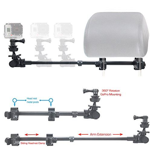  ChargerCity GoPro Fusion Session Hero7 Hero6 Hero 7 6 5 4 3 Secure Dual Post Lock Telescopic Headrest Mount with Sliding Aluminum arm (Compatible with All GoPro Hero/Session Camera