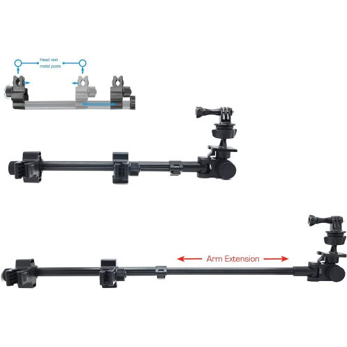  ChargerCity GoPro Fusion Session Hero7 Hero6 Hero 7 6 5 4 3 Secure Dual Post Lock Telescopic Headrest Mount with Sliding Aluminum arm (Compatible with All GoPro Hero/Session Camera