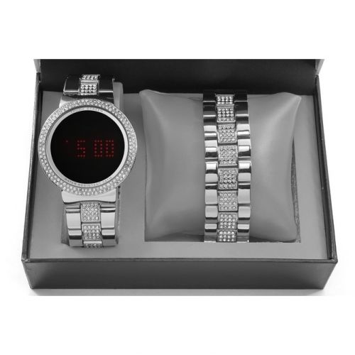  Charles Raymond MensUnisex Iced Out Bling Silver Metal Touch Screen Watch With Matching Iced Out Silver Bracelet - 8166 Silver