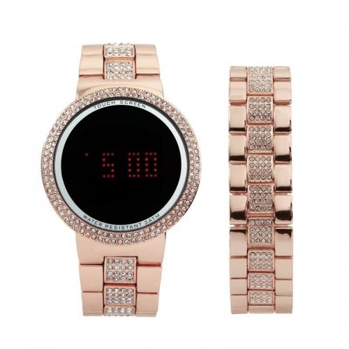  Charles Raymond Mens  Unisex Iced Out Bling RoseGold Metal Touch Screen Watch With Matching Iced Out RoseGold Bracelet -8166RG