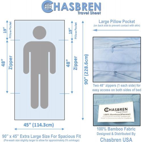  [아마존베스트]Chasbren Travel Sheet - 100% Bamboo Travel Bedding for Hotel Stays and Other Travels - Soft Comfortable Roomy Lightweight Sleep Sheet, Sack, Bag, Liner - Pillow Pocket, Zippers, Ca