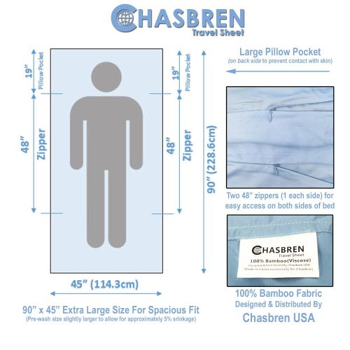  Chasbren Travel Sheet - 100% Bamboo Travel Bedding for Hotel Stays and Other Travels - Soft Comfortable Roomy Lightweight Sleep Sheet, Sack, Bag, Liner - Pillow Pocket, Zippers, Ca