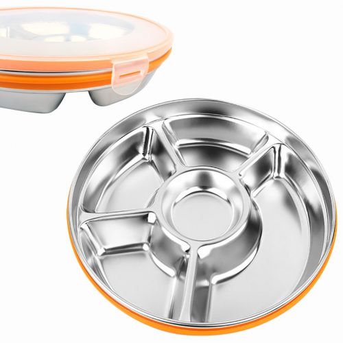  Cheerfullus 5 Sections Stainless Steel Round Divided Plate Kids Adult Outdoor Picnic Seasoning Dipping Plate