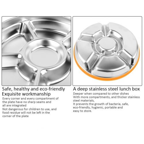  Cheerfullus 5 Sections Stainless Steel Round Divided Plate Kids Adult Outdoor Picnic Seasoning Dipping Plate