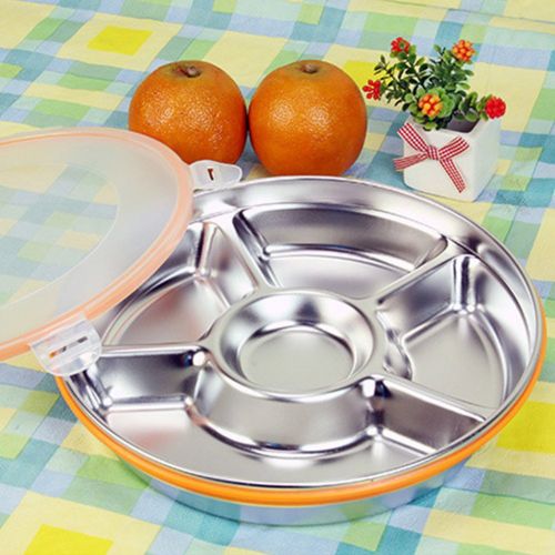  Cheerfullus 5 Sections Stainless Steel Round Divided Plate Kids Adult Outdoor Picnic Seasoning Dipping Plate