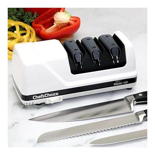  Chef'sChoice Hone EdgeSelect Professional Electric Knife Sharpener for 20-Degree Edges Diamond Abrasives Precision Guides for, Straight and Serrated Knives Made in USA, 3-Stage, White