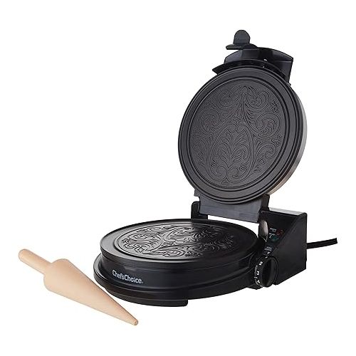  Chef'sChoice KrumKake Maker Features Nonstick Surface and Instant Heat Recovery with Temperature Control and Ready Light, Includes Roller, 1050-Watts, Silver