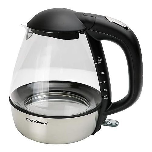  Chef'sChoice 680 Cordless Electric Glass Kettle in Brushed Stainless Steel Includes Illuminated On Off Switch Auto Boil Dry Shut Off Protection, 1.5-Liter, Silver