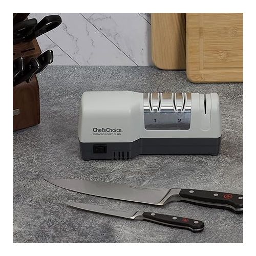  Chef’sChoice G203 Hybrid Knife Sharpeners uses Diamond Abrasives and Combines Electric and Manual Sharpening for 20-Degree Straight and Serrated Knives, 3-Stage, White (SHG203GY11)