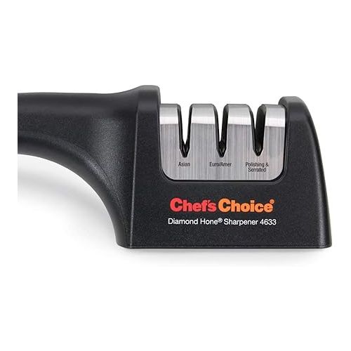  Chef'sChoice AngleSelect Diamond Hone Professional Manual Knife Sharpener for Straight and Serrated Knives with Precise Angle Control Compact Footprint, 3-Stage, black