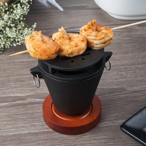  [아마존베스트]ChefMaster , Cast Iron Mini Hibachi Grill, Indoor Smores Appetizers Pu-Pu Griller, Mini Portable Hibachi Stove with Wooden Base and Fuel Holder