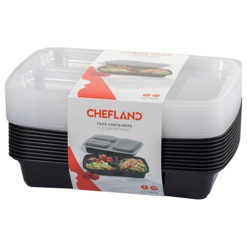  ChefLand 3-Compartment Microwave Safe Food Container with Lid/Divided Plate/Bento Box/Lunch Tray with Cover, Black, 10-Pack