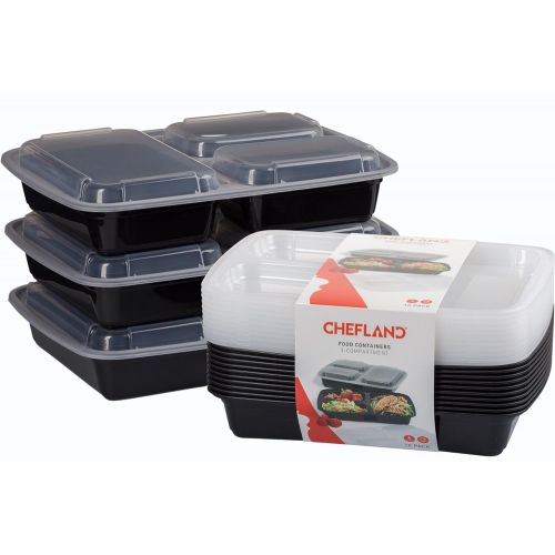  ChefLand 3-Compartment Microwave Safe Food Container with Lid/Divided Plate/Bento Box/Lunch Tray with Cover, Black, 10-Pack