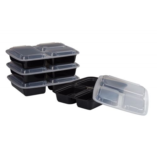  ChefLand 3-Compartment Microwave Safe Food Container with Lid/Divided Plate/Bento Box/Lunch Tray with Cover, Black, 10-Pack