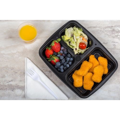  ChefLand 3-Compartment Microwave Safe Food Container with Lid/Divided Plate/Bento Box/Lunch Tray with Cover, Black, 10-Pack