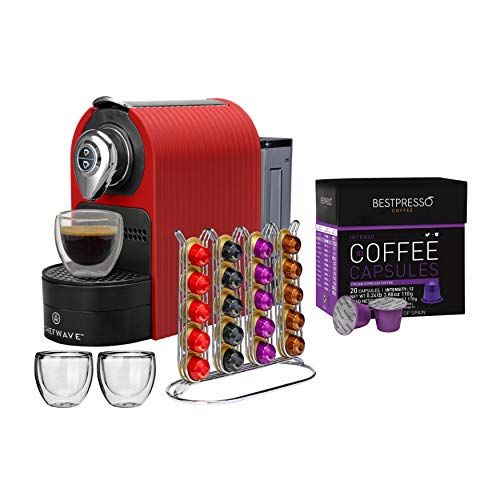 ChefWave Mini Espresso Machine - Compatible with Nespresso pods, Programmable One-Touch 27 Oz. Water Tank - 40 Pod Holder, 2 Double-Wall Glass Cups - Red Includes 20 Bestpresso Int