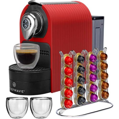  ChefWave Mini Espresso Machine - Compatible with Nespresso pods, Programmable One-Touch 27 Oz. Water Tank - 40 Pod Holder, 2 Double-Wall Glass Cups - Red Includes 20 Bestpresso Int