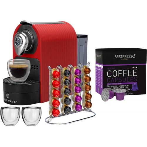  ChefWave Mini Espresso Machine - Compatible with Nespresso pods, Programmable One-Touch 27 Oz. Water Tank - 40 Pod Holder, 2 Double-Wall Glass Cups - Red Includes 20 Bestpresso Int