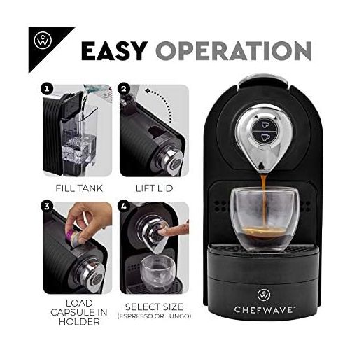  ChefWave Espresso Machine for Nespresso Compatible Capsule, Holder, Cups (Black) w/ Descaling Powder Bundle Set (2 Items)