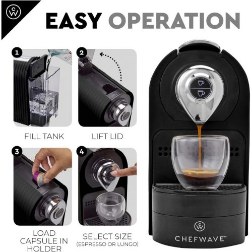  ChefWave Espresso Machine for Nespresso Compatible Capsule, Holder, Cups (Black) w/ Descaling Powder Bundle Set (2 Items)