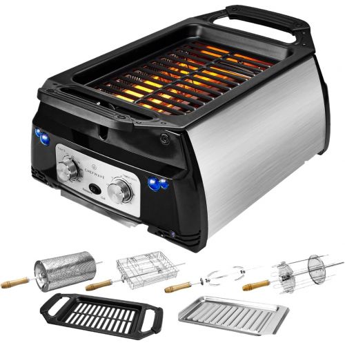  ChefWave Sosaku Smokeless Indoor Grill George Foreman Grill Removeable Plates Non-Stick Korean BBQ Electric Grill Indoor with Infrared Technology - Kebab Set, Fries Basket & Fish C