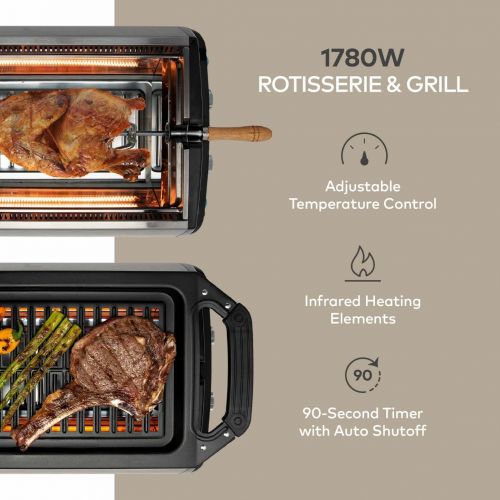  [아마존베스트]ChefWave Smokeless Indoor Electric Grill & Rotisserie  5 in 1 Non-Stick Tabletop Kitchen BBQ Grill with Infrared Technology  Includes Kebab & Skewer Set, Fries Basket & Fish Cage