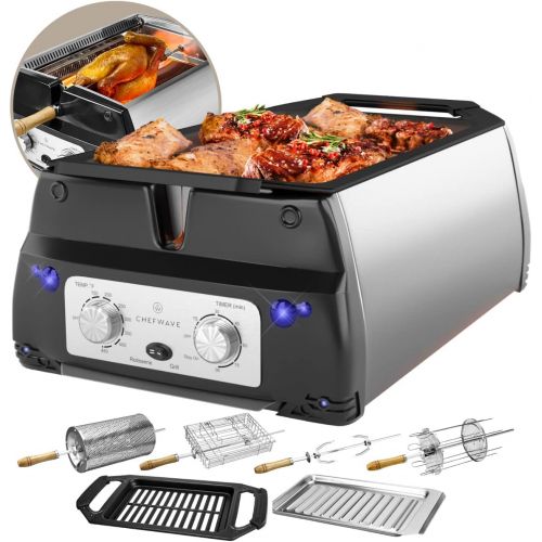  [아마존베스트]ChefWave Smokeless Indoor Electric Grill & Rotisserie  5 in 1 Non-Stick Tabletop Kitchen BBQ Grill with Infrared Technology  Includes Kebab & Skewer Set, Fries Basket & Fish Cage