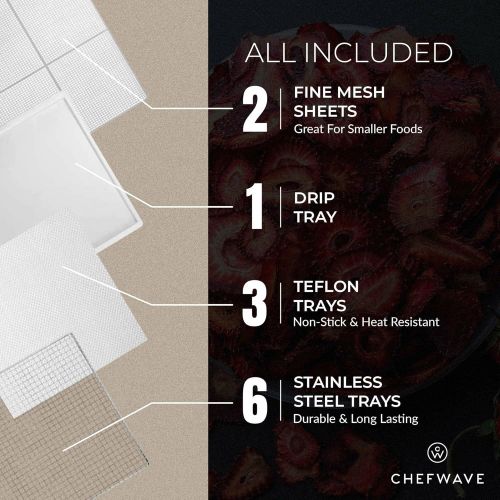  [아마존베스트]ChefWave 6 Tray Food Dehydrator Machine - Stainless Steel, Digital Temperature Control & Timer, 3 Teflon Sheets, 2 Mesh Sheets and Drip Tray - for Dried Fruit, Jerky, Herbs - Recip