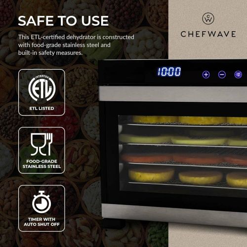  [아마존베스트]ChefWave 6 Tray Food Dehydrator Machine - Stainless Steel, Digital Temperature Control & Timer, 3 Teflon Sheets, 2 Mesh Sheets and Drip Tray - for Dried Fruit, Jerky, Herbs - Recip