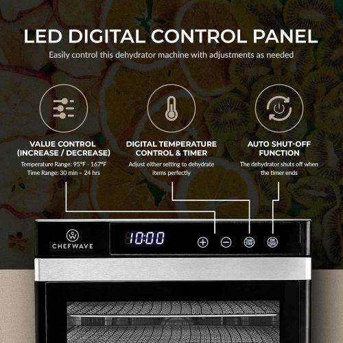  [아마존베스트]ChefWave 6 Tray Food Dehydrator Machine - Stainless Steel, Digital Temperature Control & Timer, 3 Teflon Sheets, 2 Mesh Sheets and Drip Tray - for Dried Fruit, Jerky, Herbs - Recip