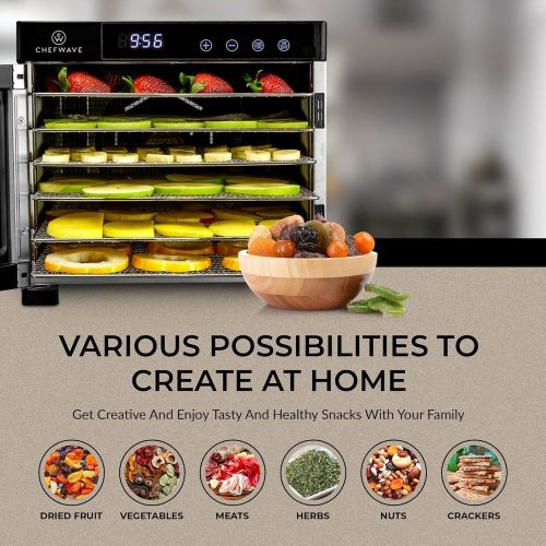  [아마존베스트]ChefWave 6 Tray Food Dehydrator Machine - Stainless Steel, Digital Temperature Control & Timer, 3 Teflon Sheets, 2 Mesh Sheets and Drip Tray - for Dried Fruit, Jerky, Herbs - Recip