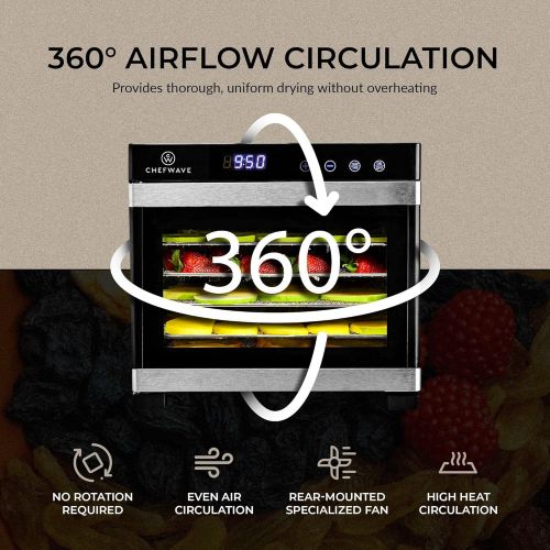  [아마존베스트]ChefWave 6 Tray Food Dehydrator Machine - Stainless Steel, Digital Temperature Control & Timer, 3 Teflon Sheets, 2 Mesh Sheets and Drip Tray - for Dried Fruit, Jerky, Herbs - Recip