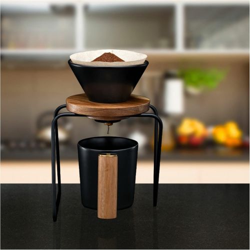  ChefWave Artisan Series Pour-Over Coffee Maker Set with Ceramic Cone, Wood Ring and Stainless Steel Stand, 1-2 Cup Personal Size - Bamboo Accents, Easy to Clean, BPA Free