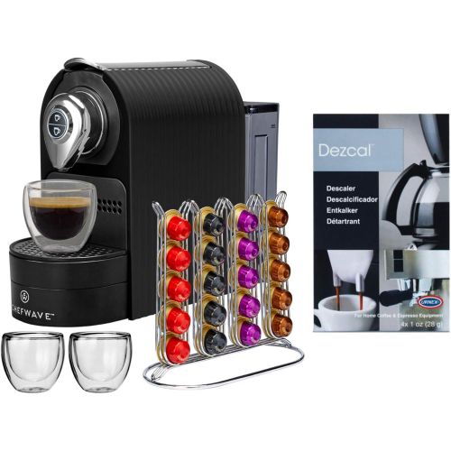 [아마존베스트]ChefWave Espresso Machine for Nespresso Compatible Capsule, Holder, Cups (Black) w/Descaling Powder Bundle Set (2 Items)