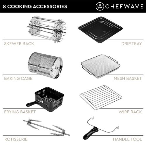  ChefWave 12.6 Quart Air Fryer, Rotisserie and Dehydrator  Large Capacity 1600W Oil Free Cooker with 16 Presets and Cooking Modes - 8 Accessories