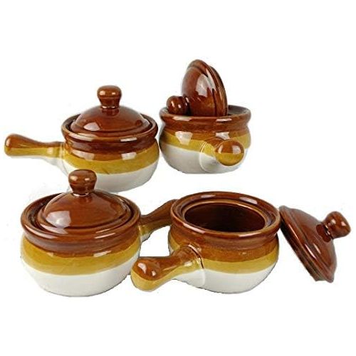  Chefcaptain Individual French Onion Soup Crock Chili Bowls with Handles and Lids, Ceramic 16 Ounces 4 Pack