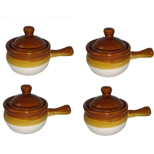  Chefcaptain Individual French Onion Soup Crock Chili Bowls with Handles and Lids, Ceramic 16 Ounces 4 Pack