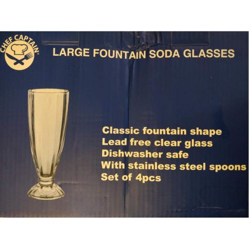  [아마존베스트]Fountain Shoppe Classic, Milk Shake, Ice Cream Soda Glass, JUMBO SIZE15.5-Ounce, Clear With Long Stainless Steel Spoons 4 PACK By Chefcaptain (15.5 OZ)