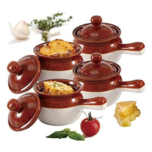  [아마존베스트]Chefcaptain Individual French Onion Soup Crock Chili Bowls with Handles and Lids, Ceramic LARGE 20 Ounces 4 Pack (BROWN CREAM)
