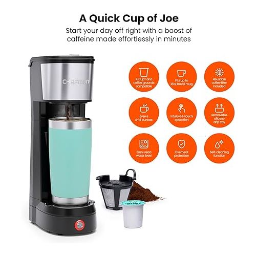  Chefman Single Serve Coffee Maker: K-Cup & Ground Compatible, Single Cup 6-12 oz Portable Drip Coffee Machine with Filter - Perfect for College & Coffee Lovers,Black