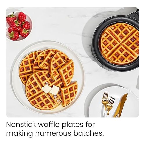  Chefman Anti-Overflow Belgian Waffle Maker w/Shade Selector, Temperature Control, Mess Free Moat, Round Iron w/Nonstick Plates & Cool Touch Handle, Measuring Cup Included, Black, RJ04-AO-4