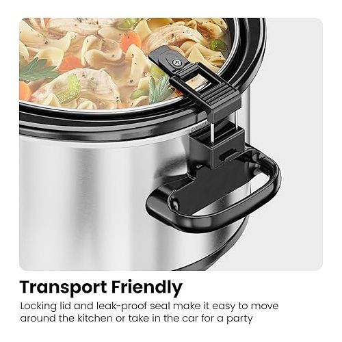  Chefman 6 Quart Slow Cooker with Locking Lid, Ceramic Crock with Portable Cook and Carry Travel Latching Lock, Large Easy Clean Dishwasher Safe Pot Insert, Manual 3 Heat Settings, Stainless Steel